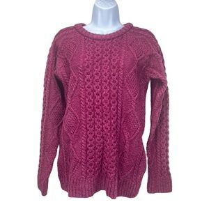 Blarney Women Large‎ Irish Aran Wool Sweater Plum Cable Knit Ireland Crewneck